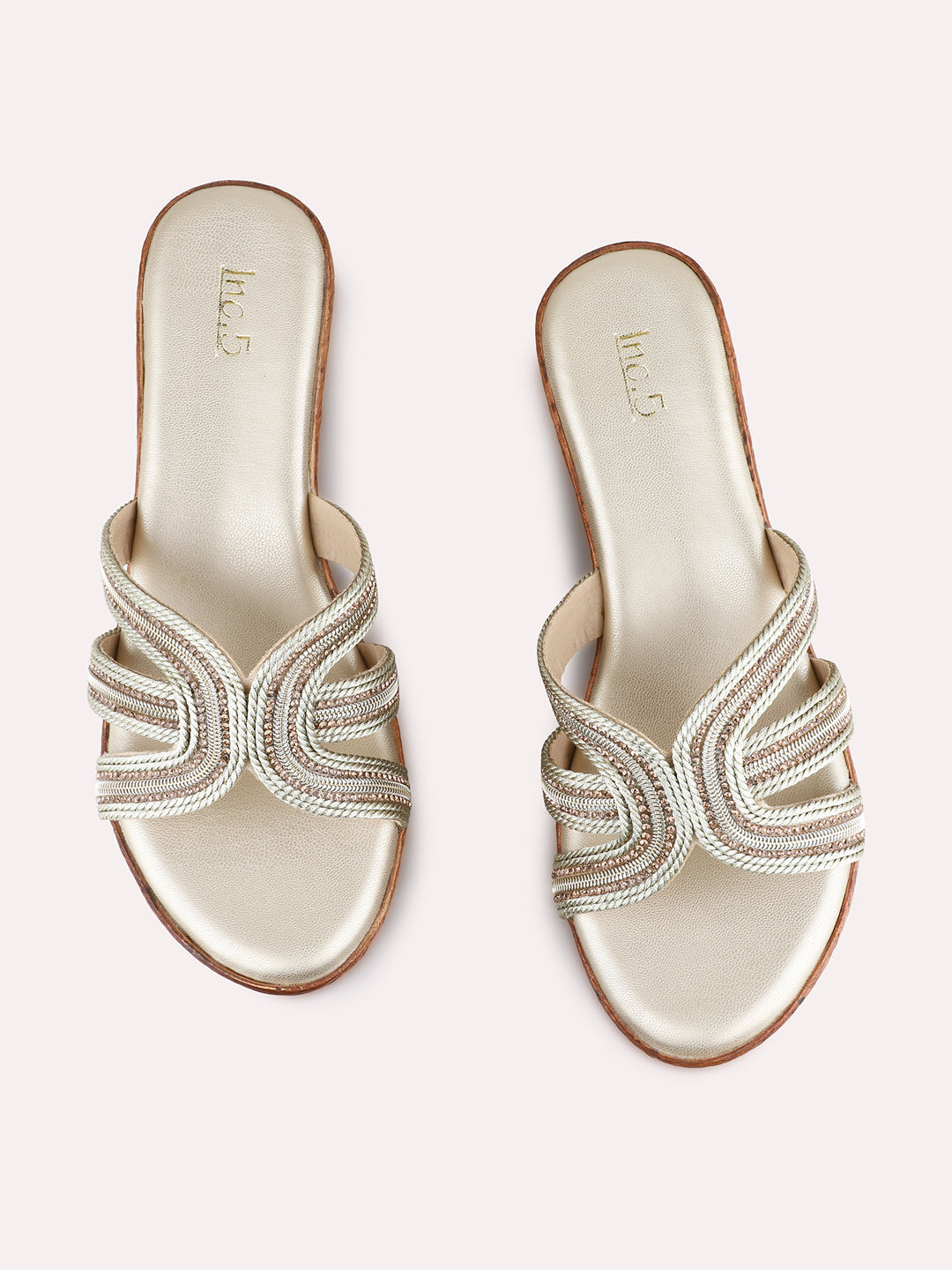 Womens Golden Ethnic Embellished Pattern Round Toe Wedge Heel Sandals