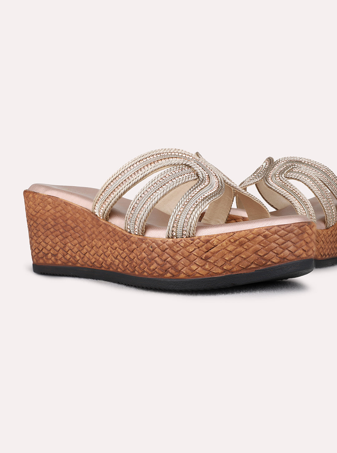 Womens Rose Gold Ethnic Round Toe Wedge Heel Sandals