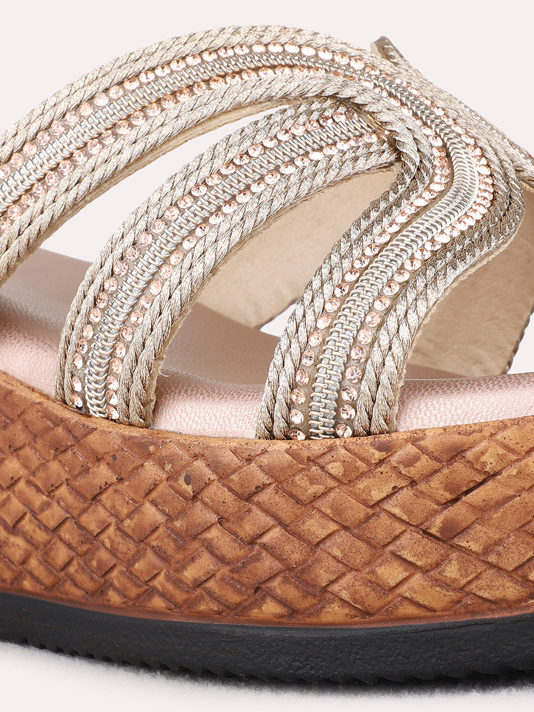 Womens Rose Gold Ethnic Round Toe Wedge Heel Sandals