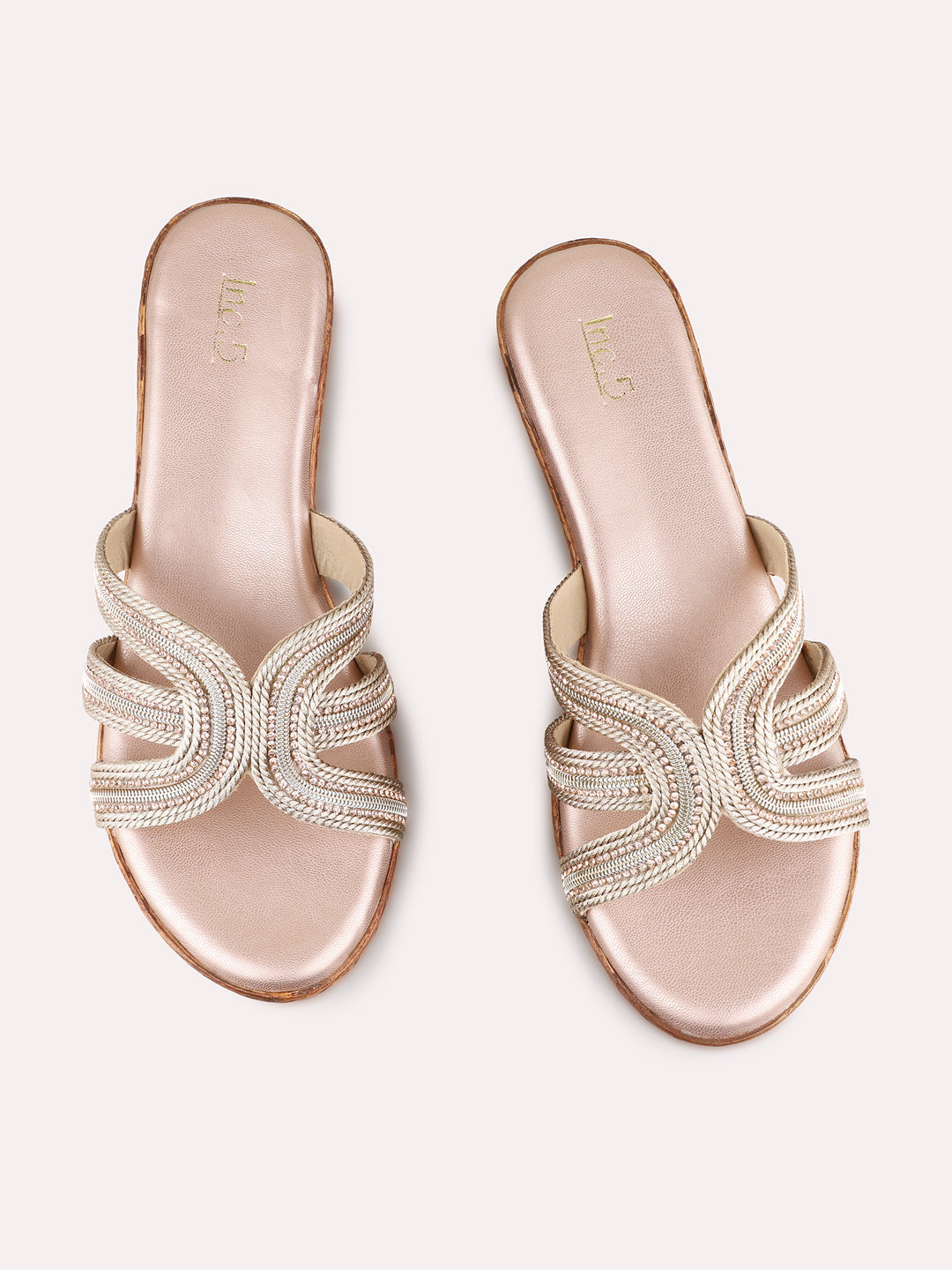 Womens Rose Gold Ethnic Round Toe Wedge Heel Sandals