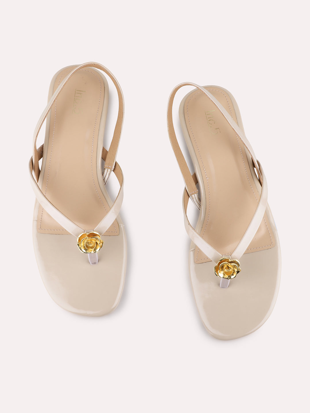 Womens Beige Casual Striped T-Strap Flat Sandals