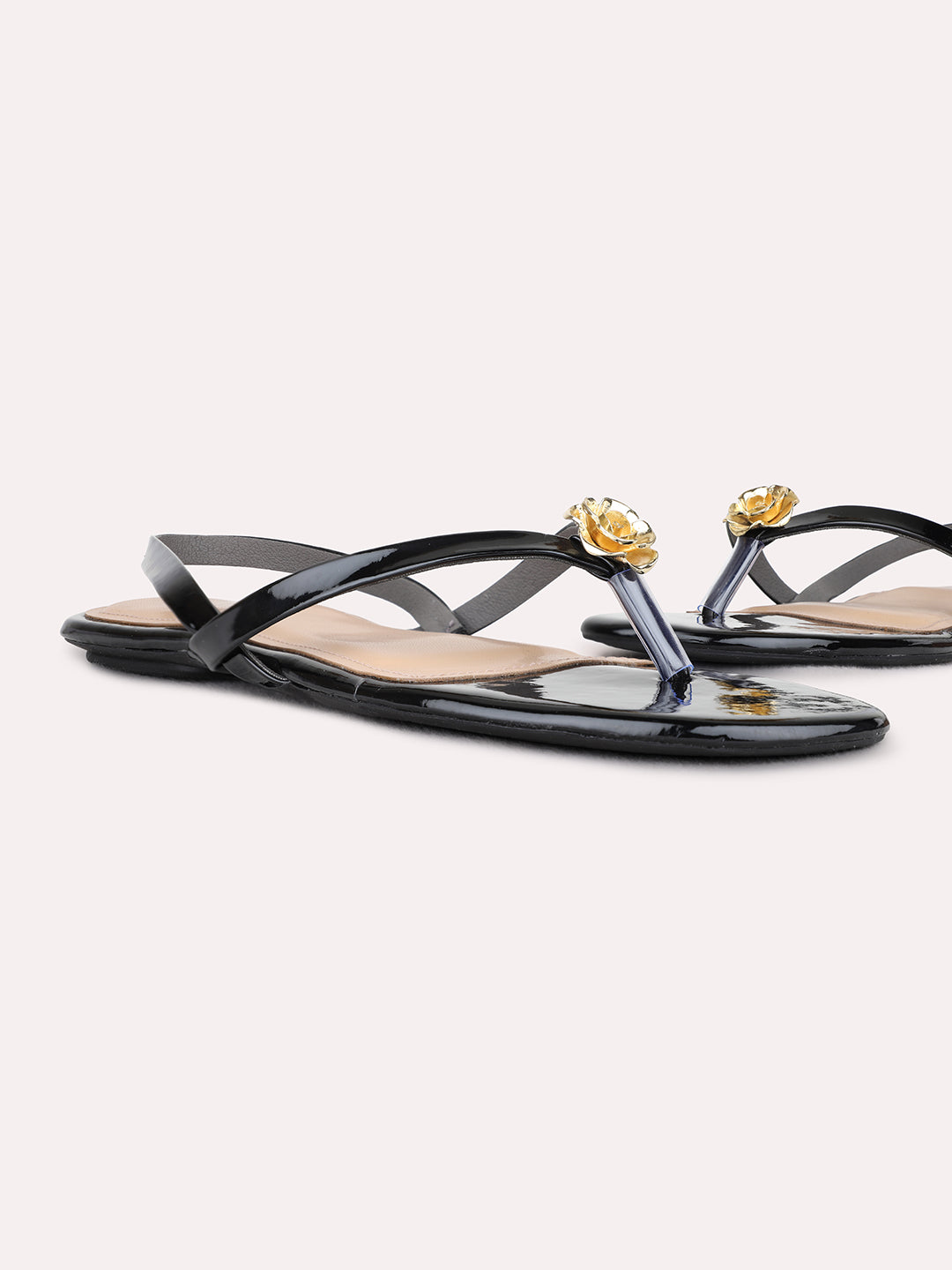 Womens Black Casual Solid T-Strap Flat Sandals