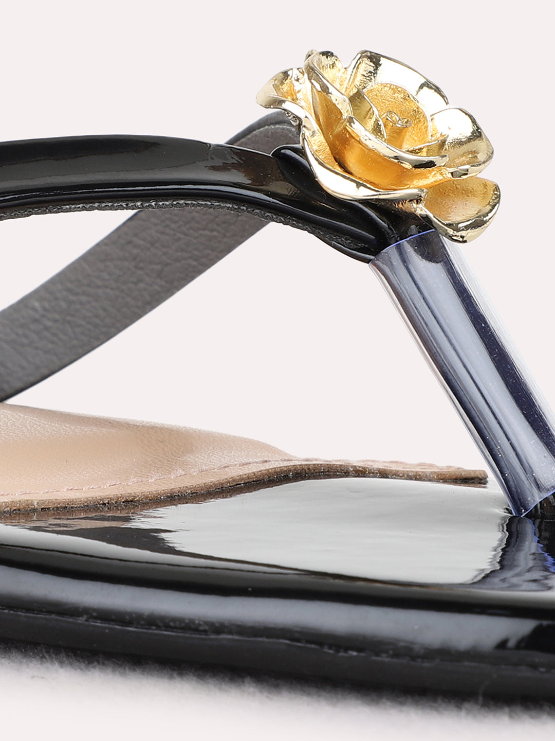 Womens Black Casual Solid T-Strap Flat Sandals