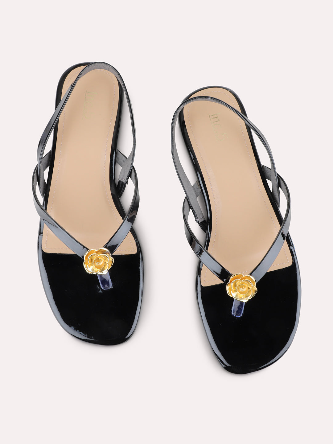 Womens Black Casual Solid T-Strap Flat Sandals