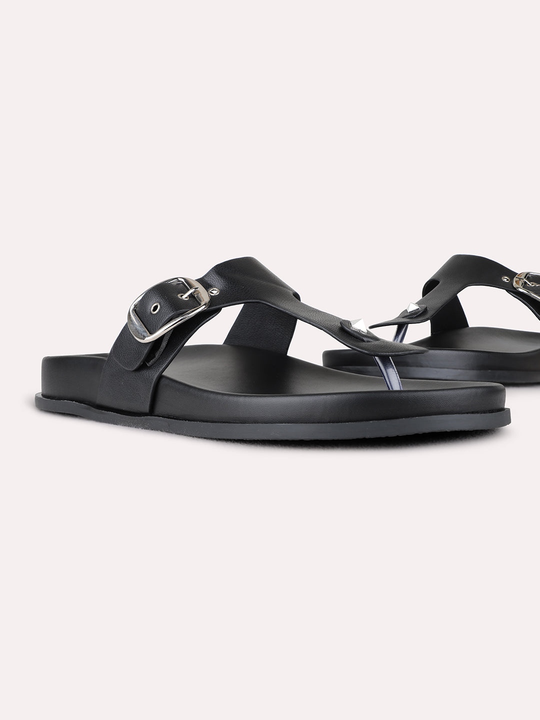 Womens Black Casual Solid Pattern T-Strap Flats
