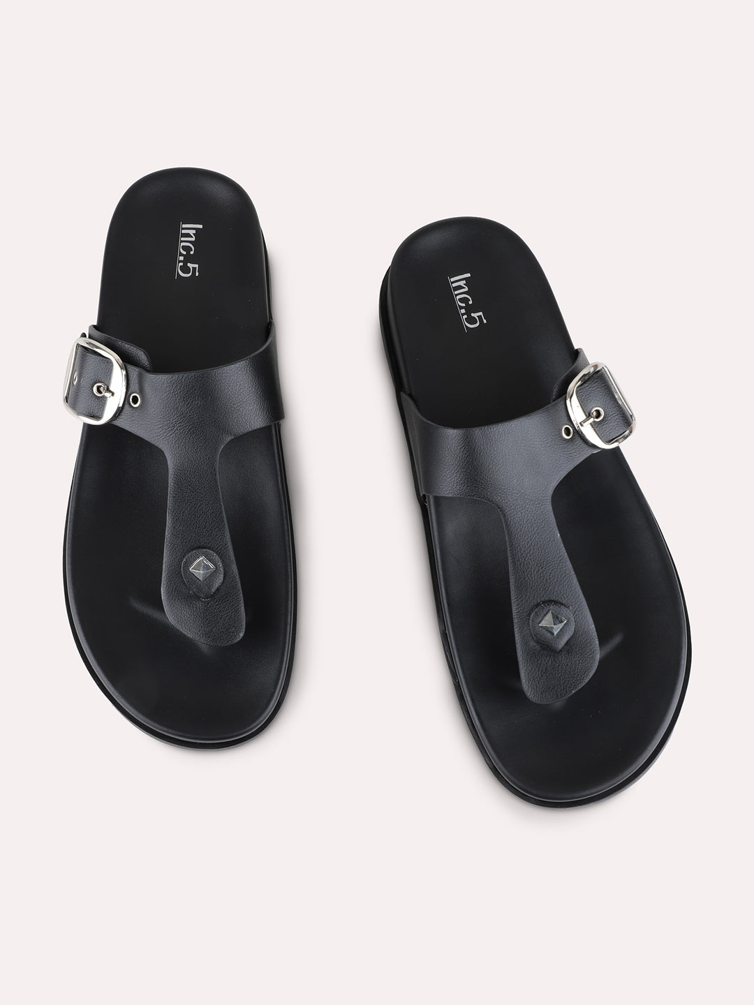 Womens Black Casual Solid Pattern T-Strap Flats