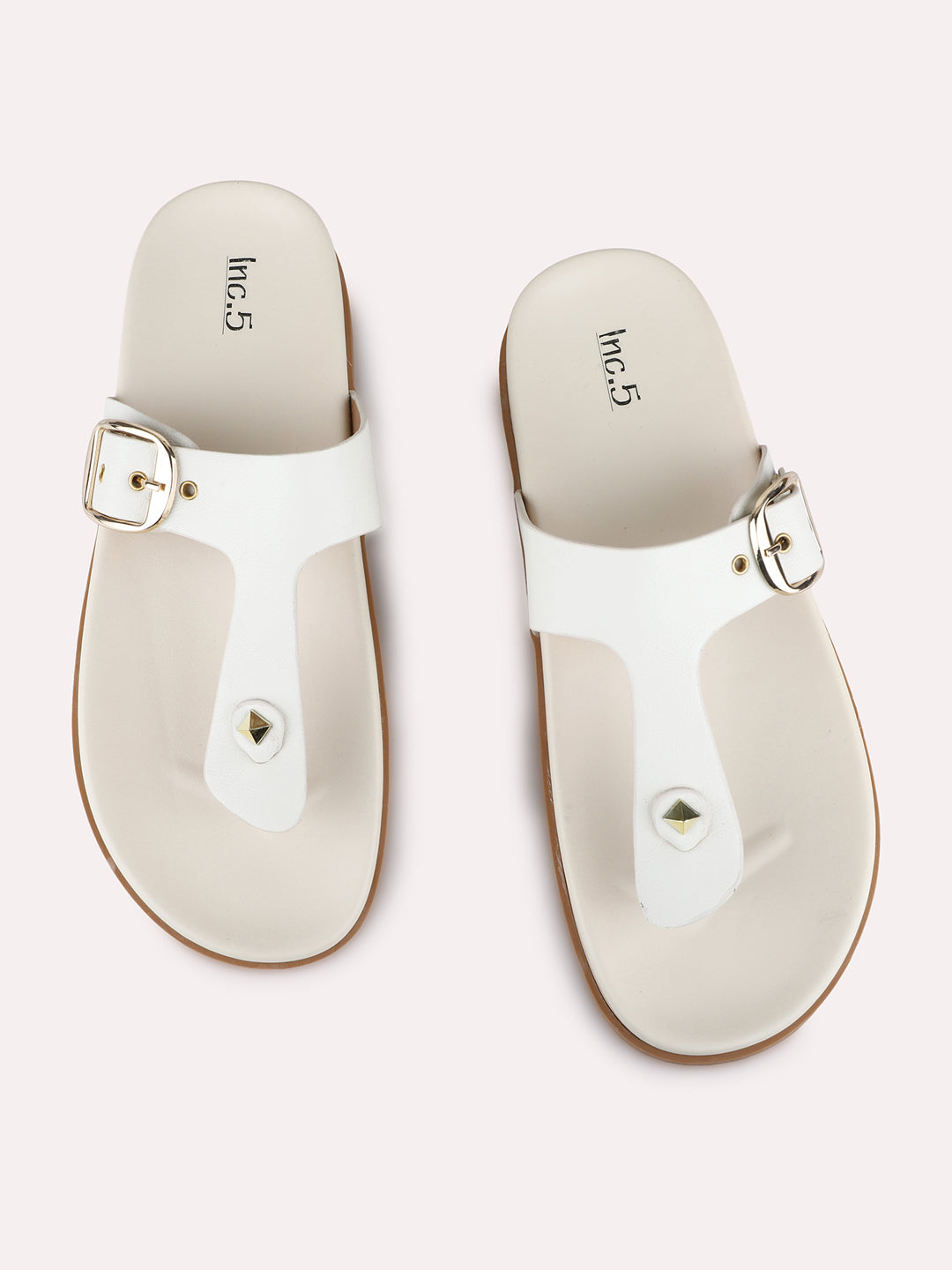 Womens Cream Casual Solid T-Strap Flat Sandals