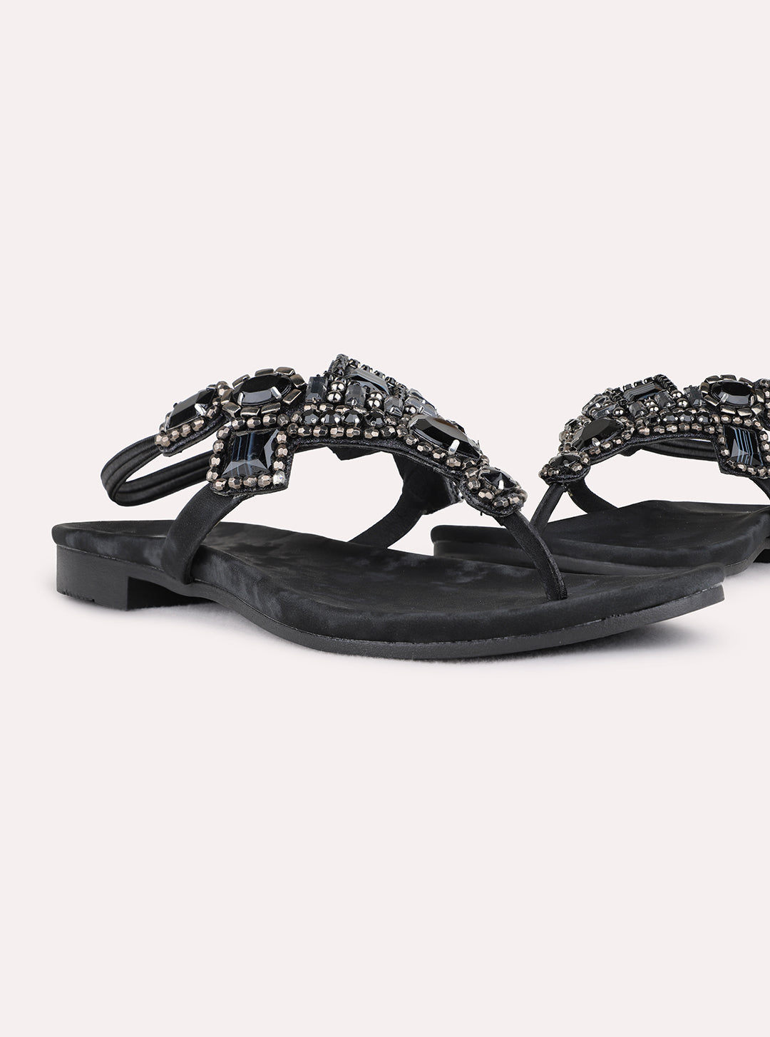 Womens Black Ethnic Embellished T-Strap Flat Sandals