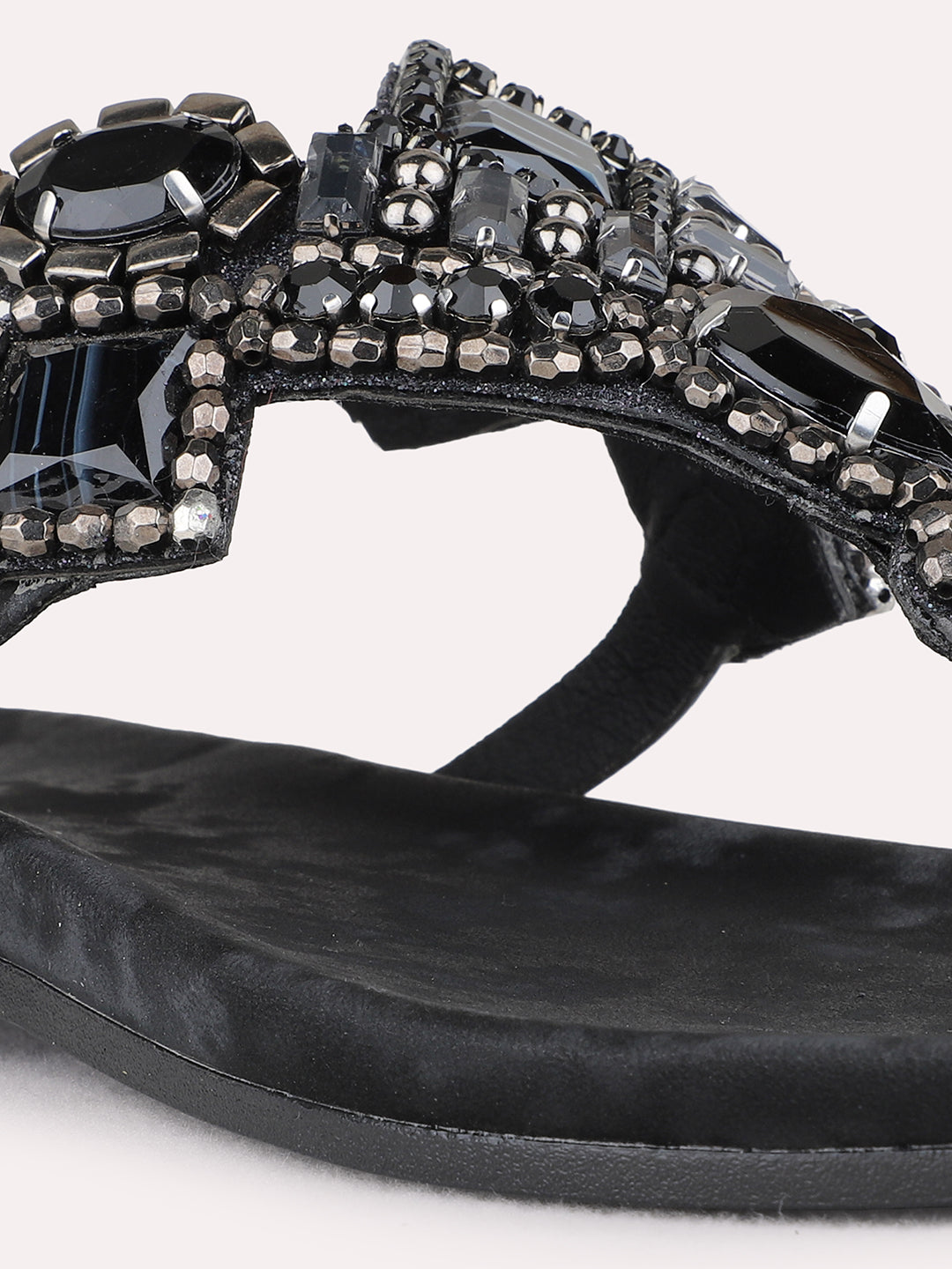 Womens Black Ethnic Embellished T-Strap Flat Sandals