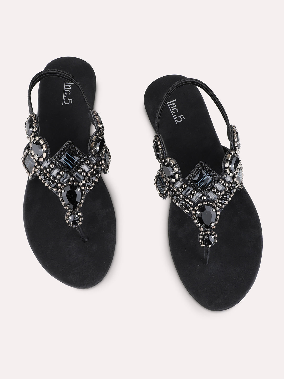 Womens Black Ethnic Embellished T-Strap Flat Sandals