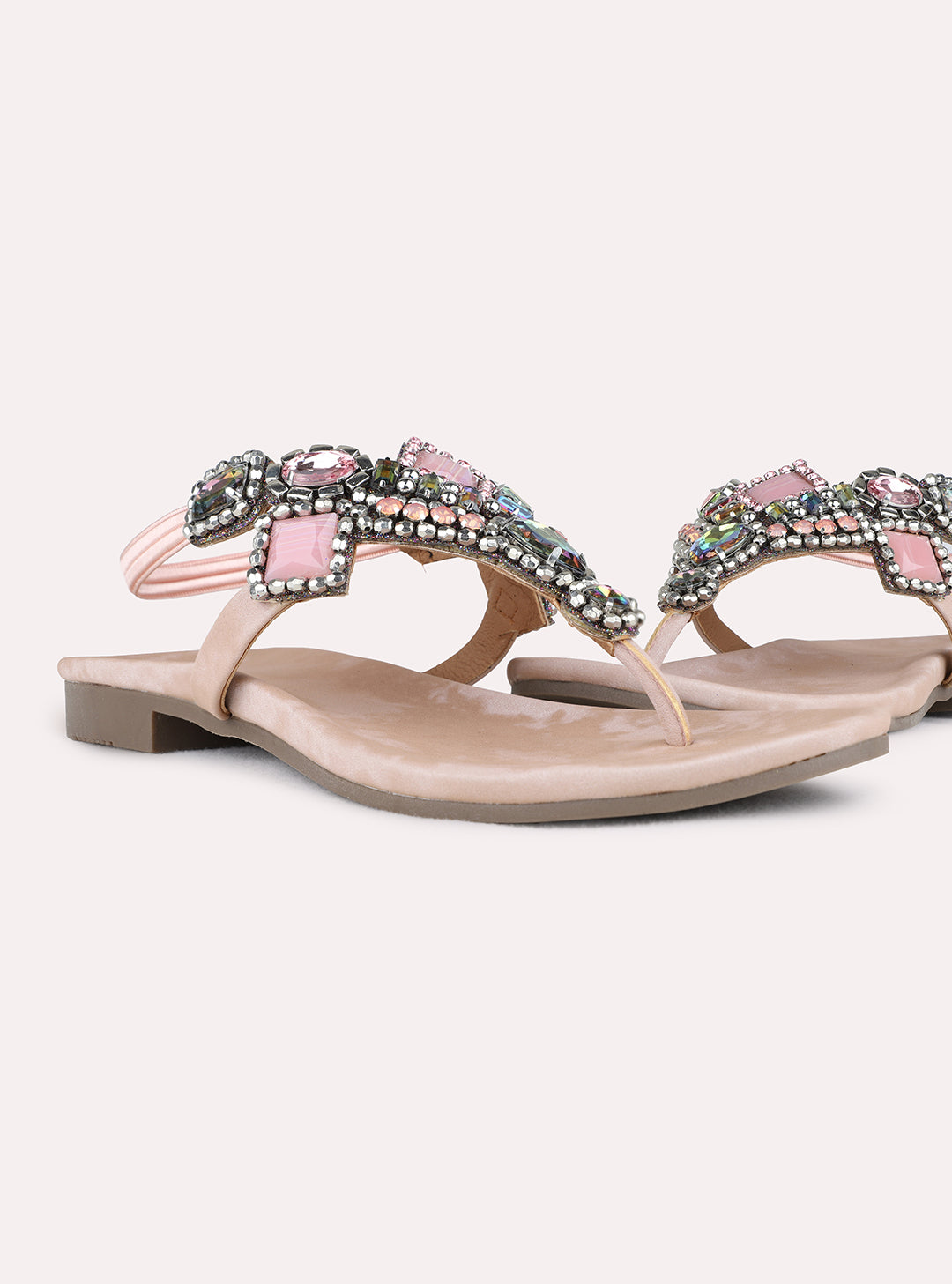 Womens Peach Ethnic Embellished T-Strap Flat Sandals