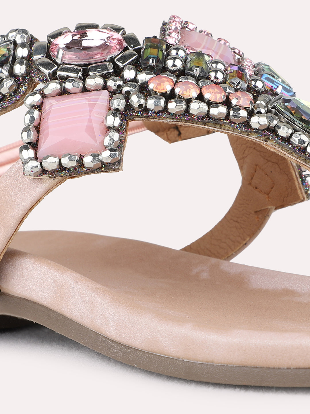 Womens Peach Ethnic Embellished T-Strap Flat Sandals