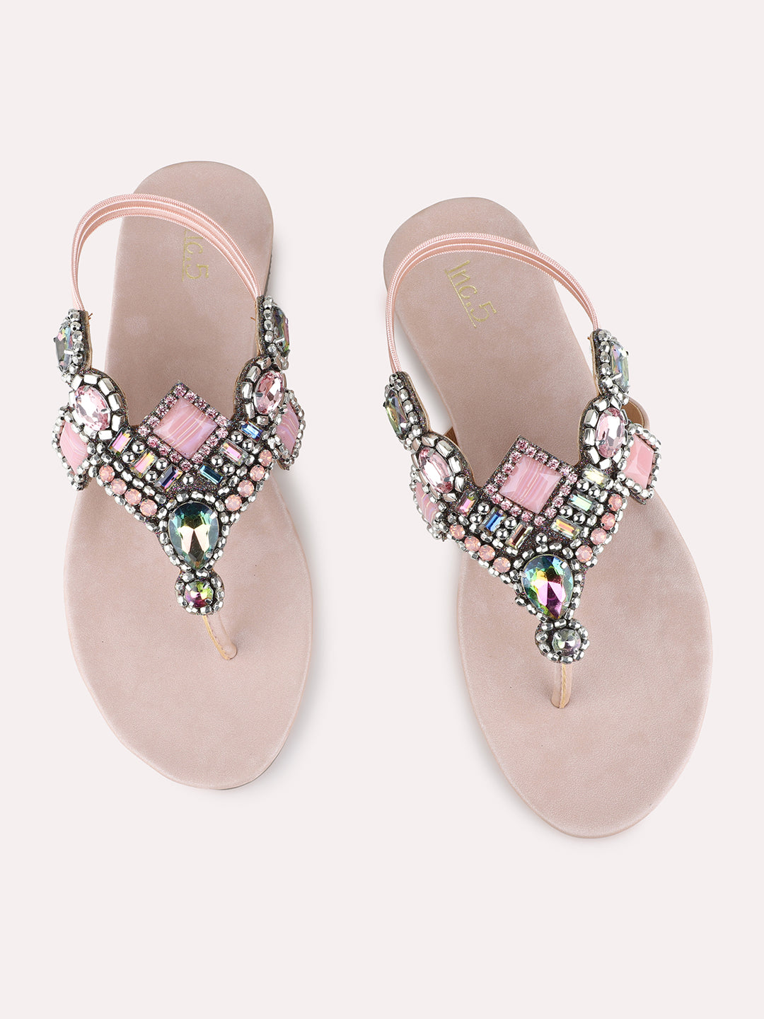 Womens Peach Ethnic Embellished T-Strap Flat Sandals