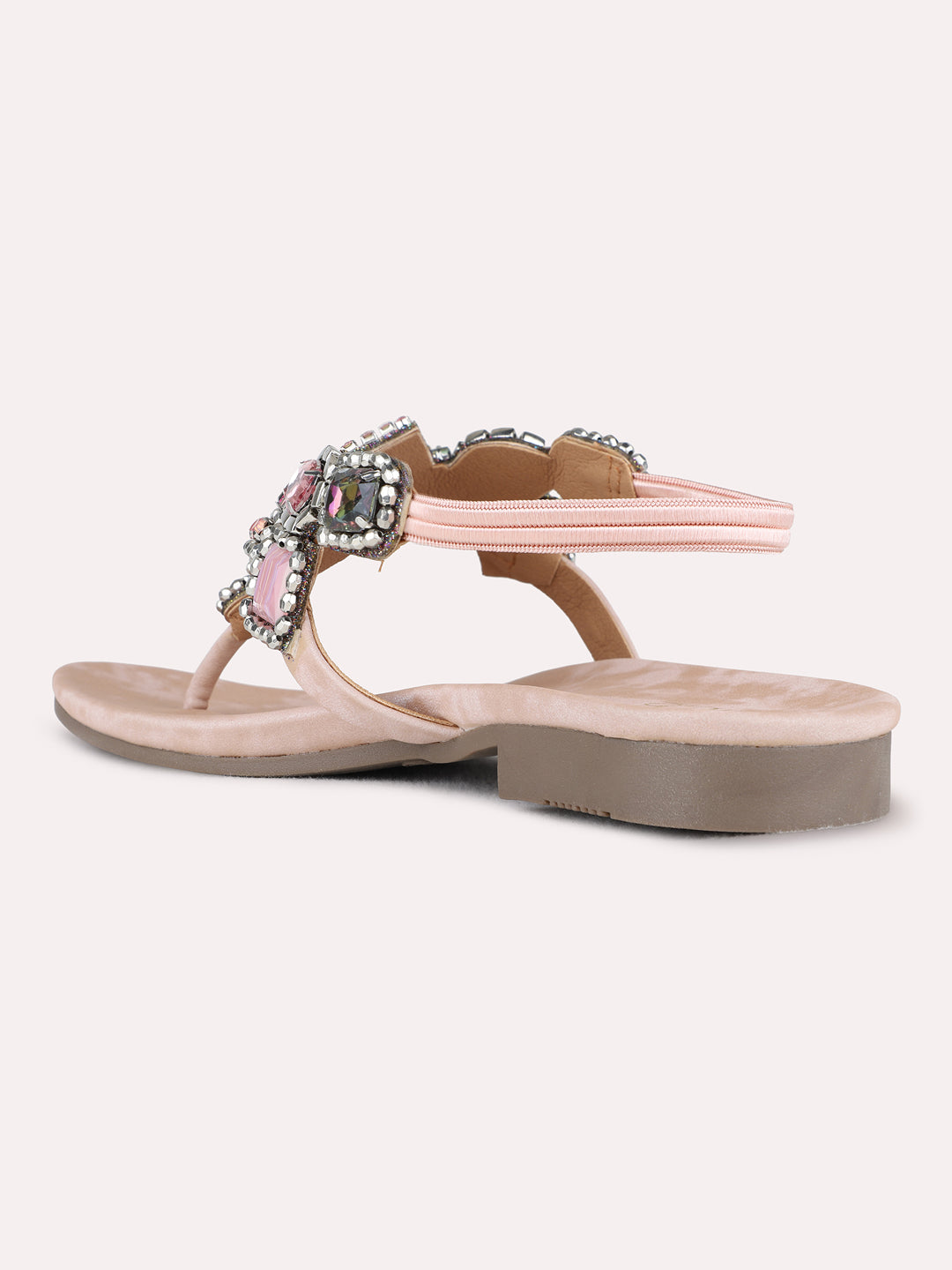 Womens Peach Ethnic Embellished T-Strap Flat Sandals
