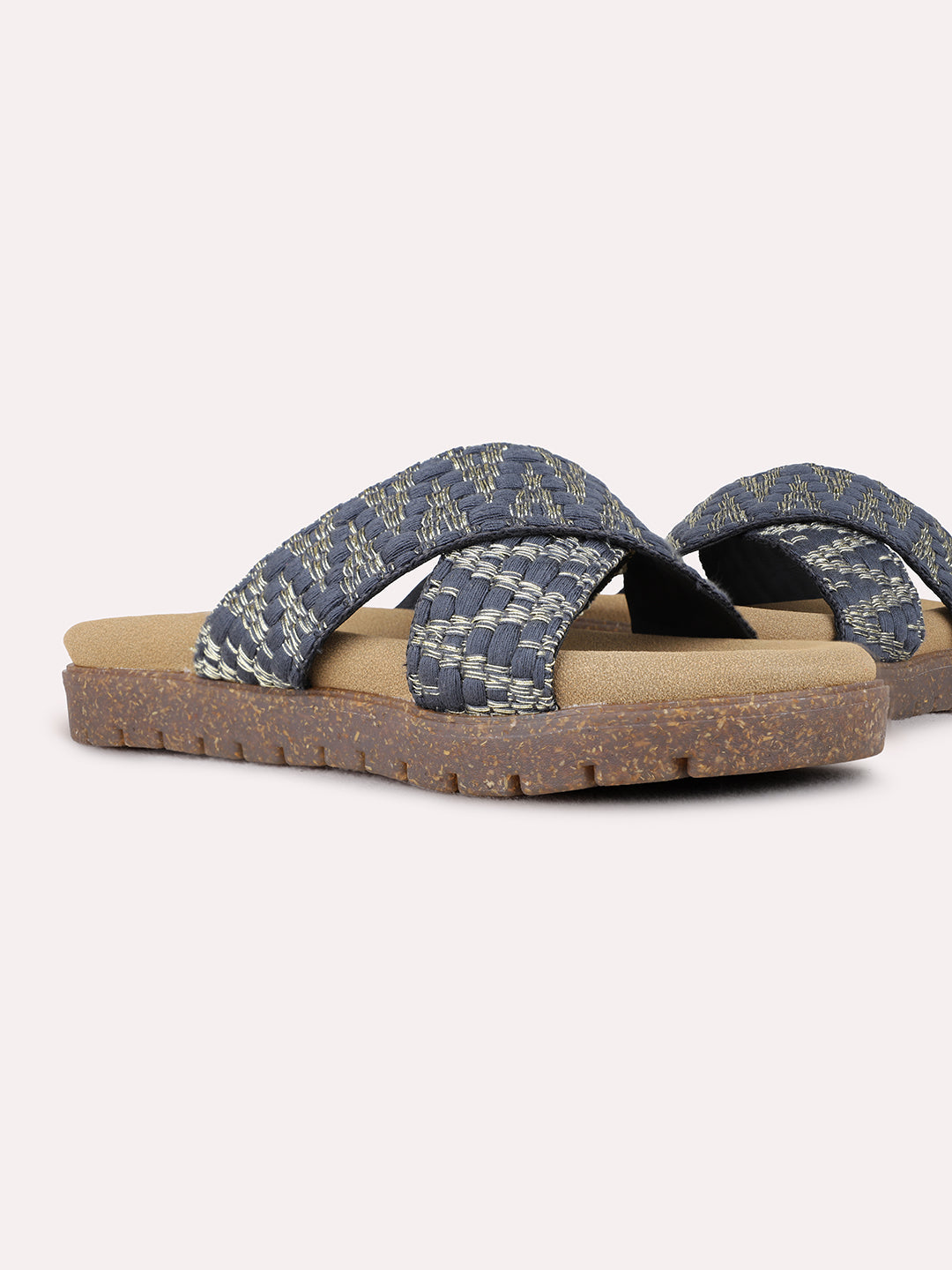 Womens Black Party Wear Printed Open Toe Flat Slip-On Sandals