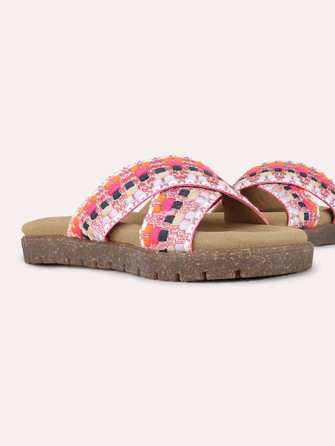 Womens Pink Party Wear Printed Open Toe Flat Slip-On Sandals