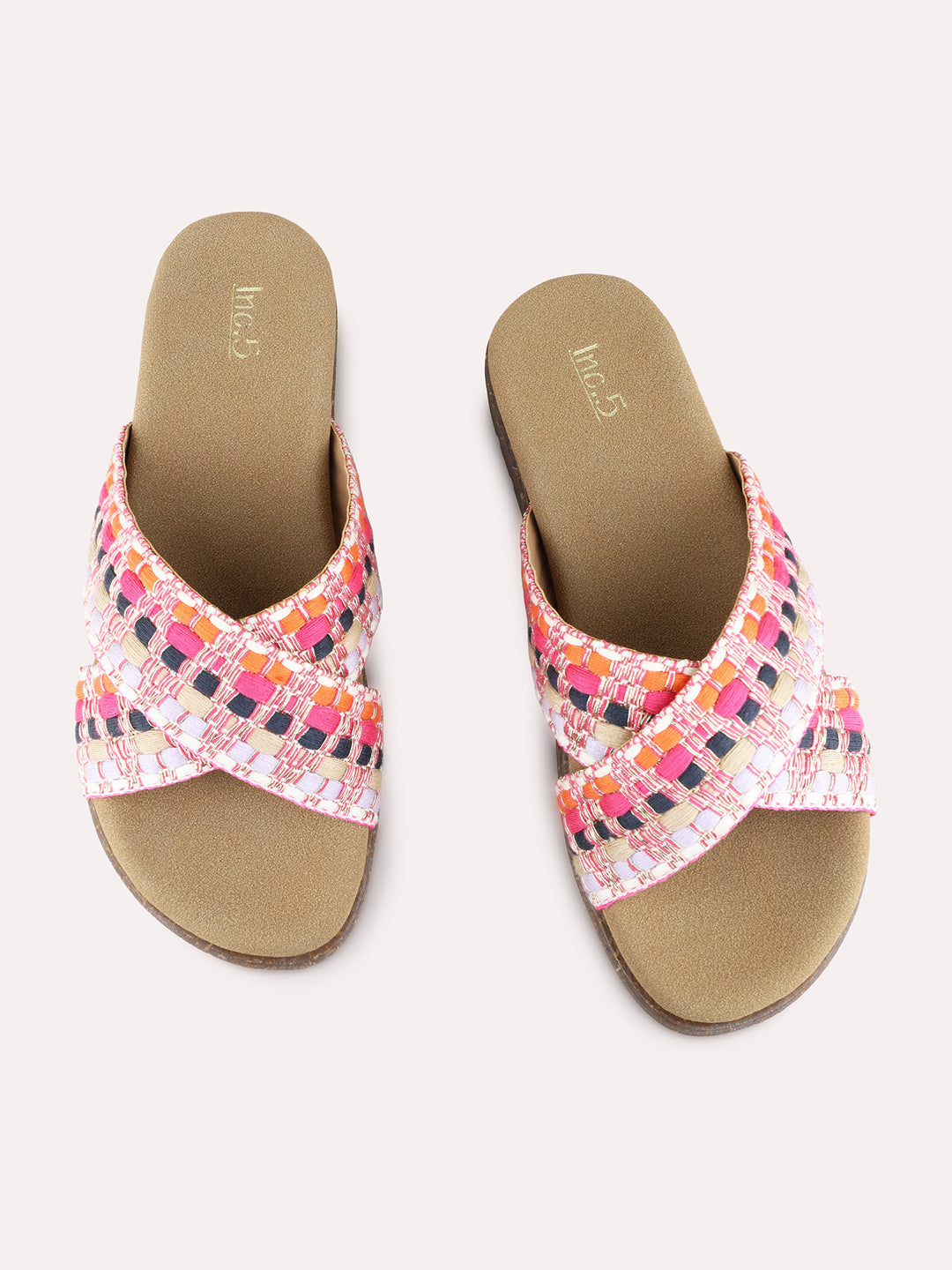 Womens Pink Party Wear Printed Open Toe Flat Slip-On Sandals