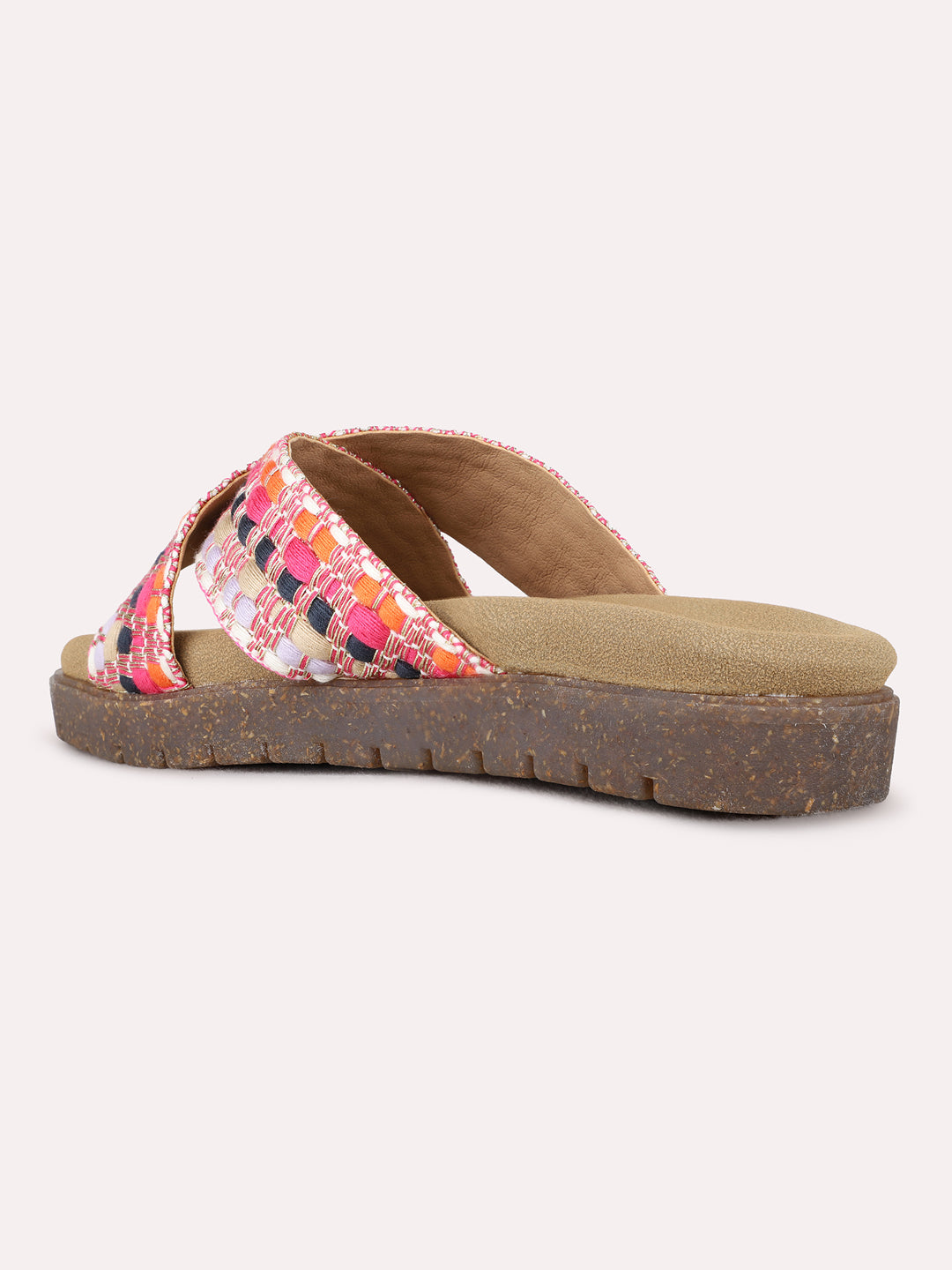 Womens Pink Party Wear Printed Open Toe Flat Slip-On Sandals