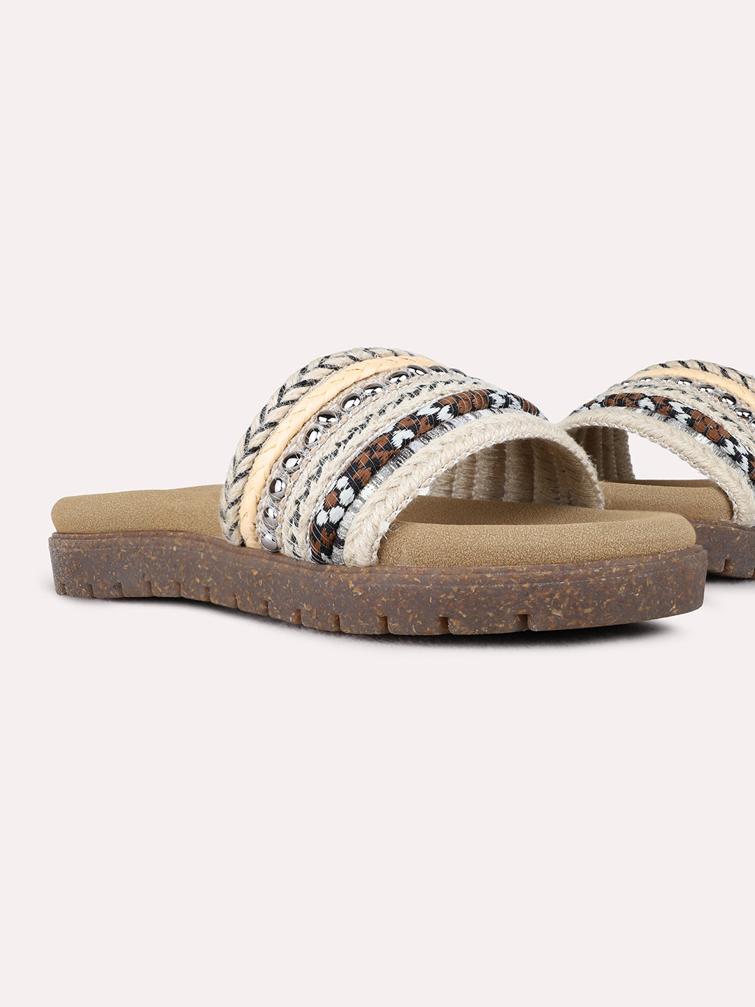 Womens Black Party Wear Embellished Open Toe Flat Slip-On Sandals