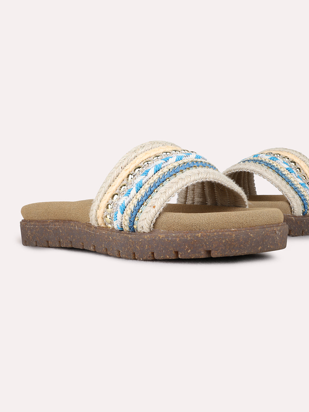 Womens Blue Party Wear Embellished Open Toe Flat Slip-On Sandals