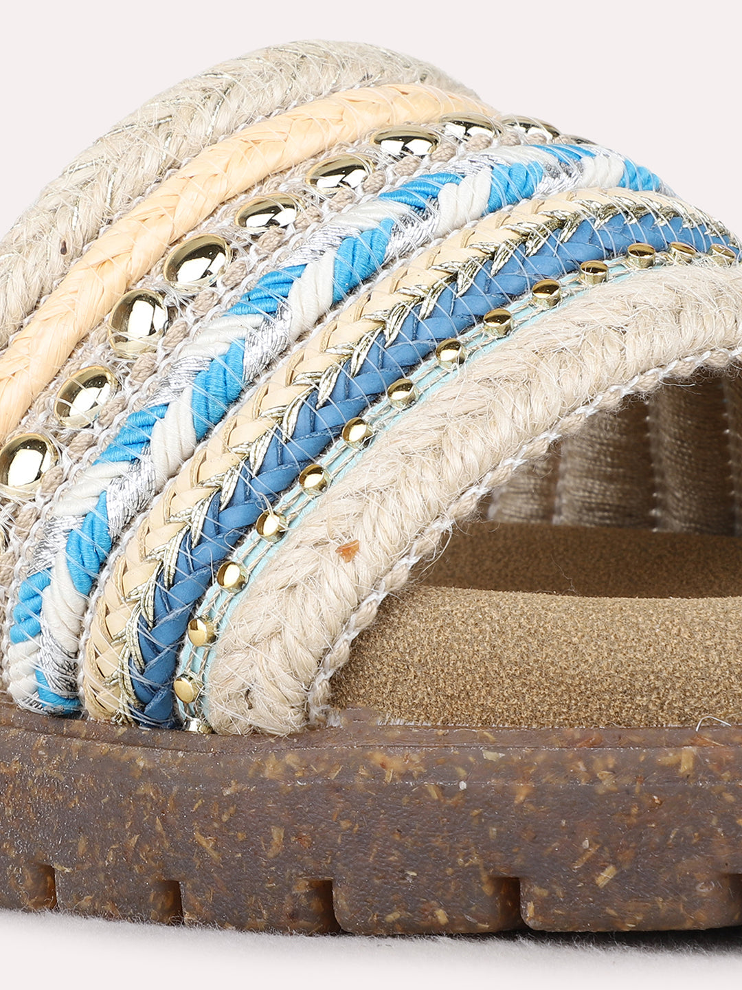 Womens Blue Party Wear Embellished Open Toe Flat Slip-On Sandals