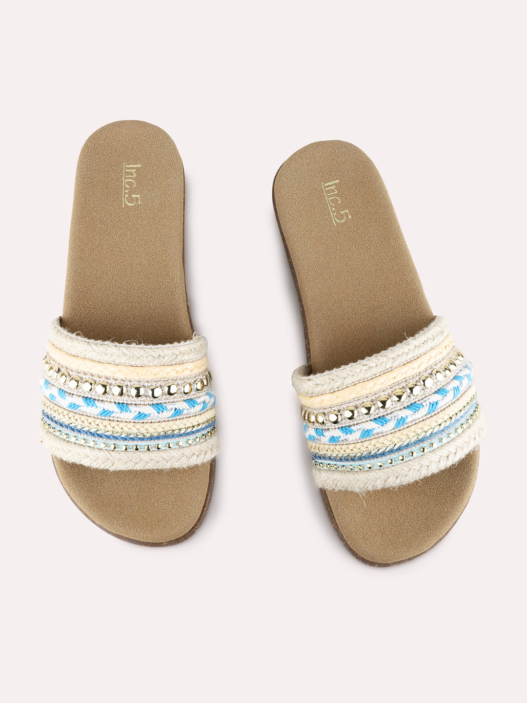 Womens Blue Party Wear Embellished Open Toe Flat Slip-On Sandals