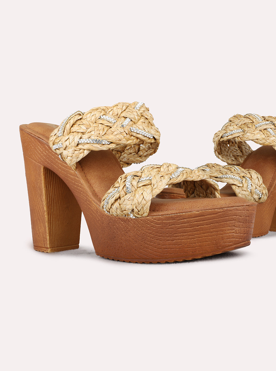 Womens Beige Party Wear Solid Round Toe Platform Heel Sandals