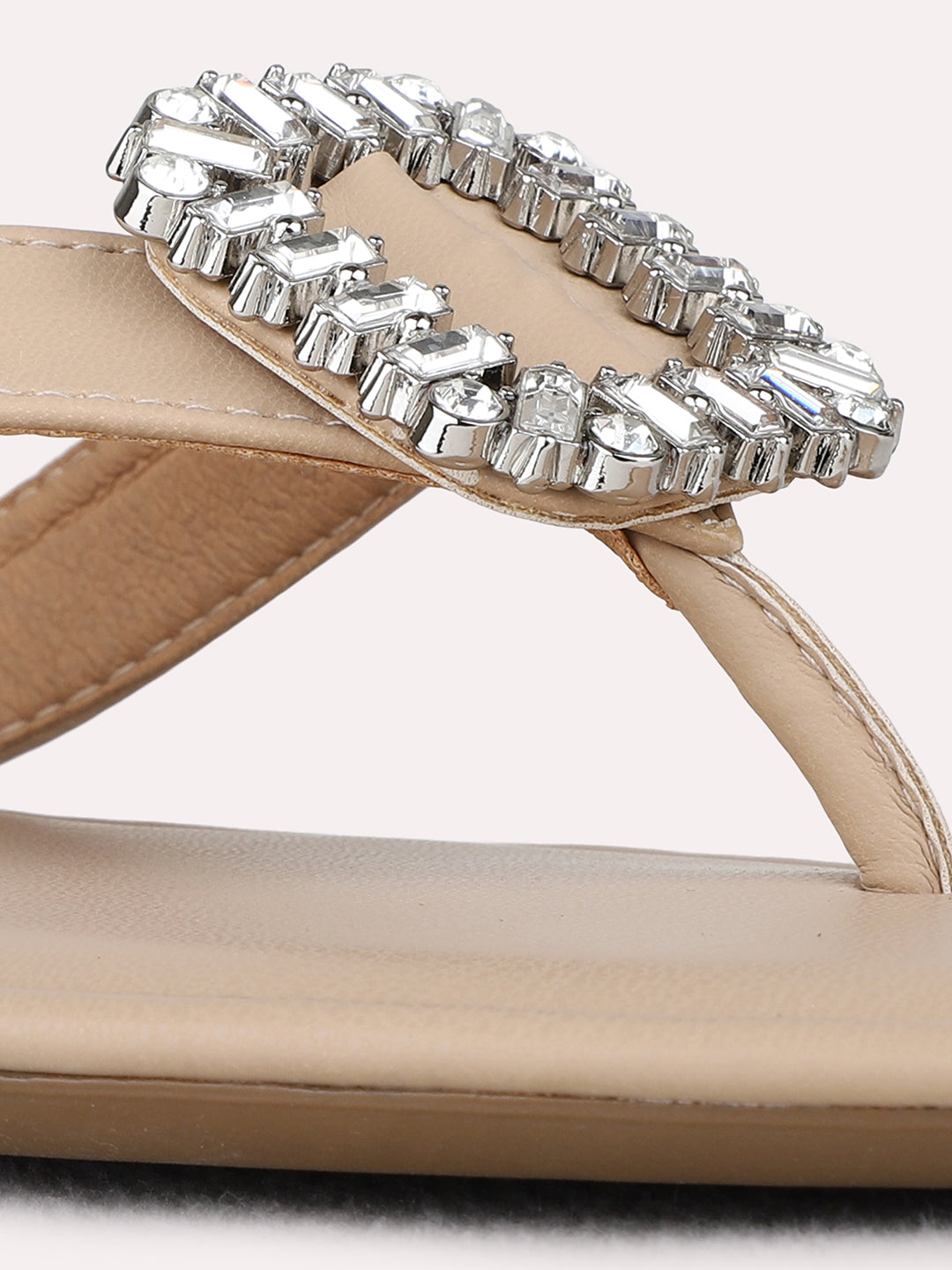 Womens Beige Party Wear Solid T-Strap Flat Slip-Ons