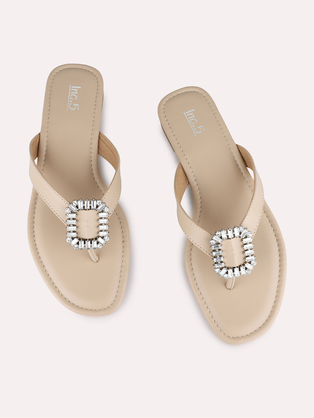 Womens Beige Party Wear Solid T-Strap Flat Slip-Ons