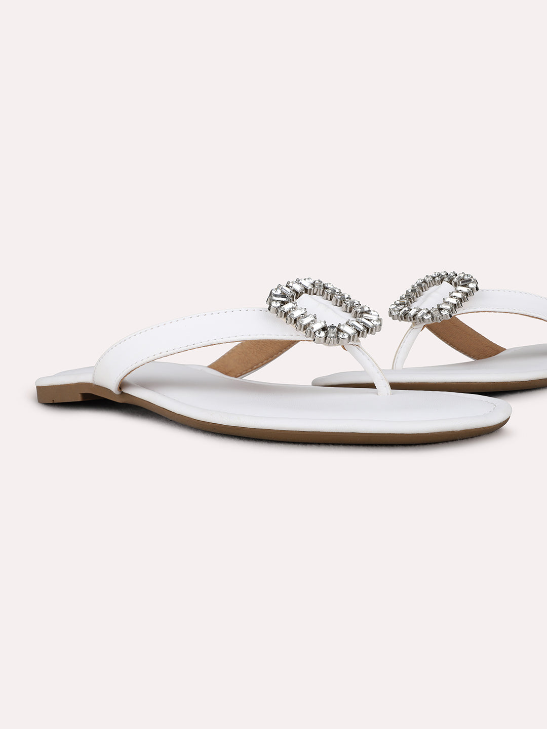 Womens White Party Wear Solid T-Strap Flat Slip-On Sandals