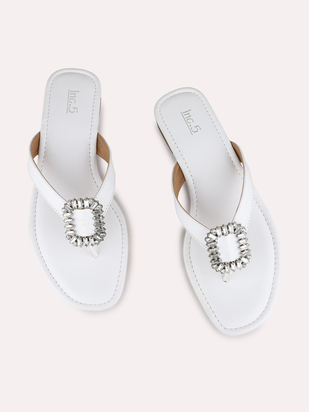 Womens White Party Wear Solid T-Strap Flat Slip-On Sandals