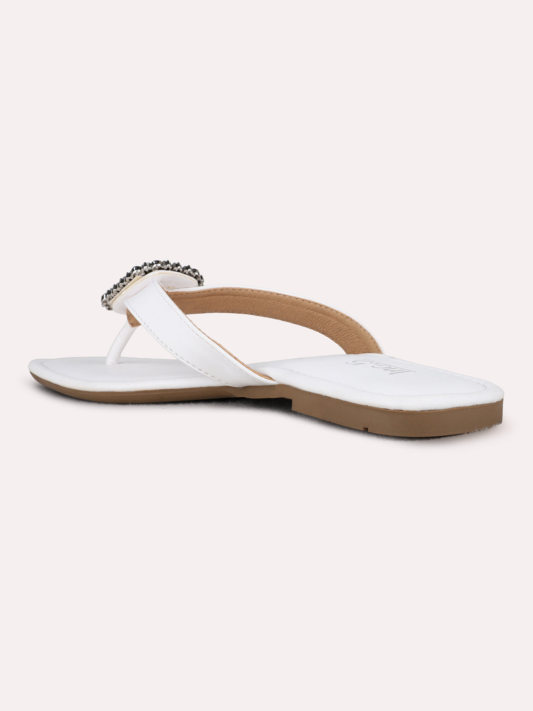 Womens White Party Wear Solid T-Strap Flat Slip-On Sandals