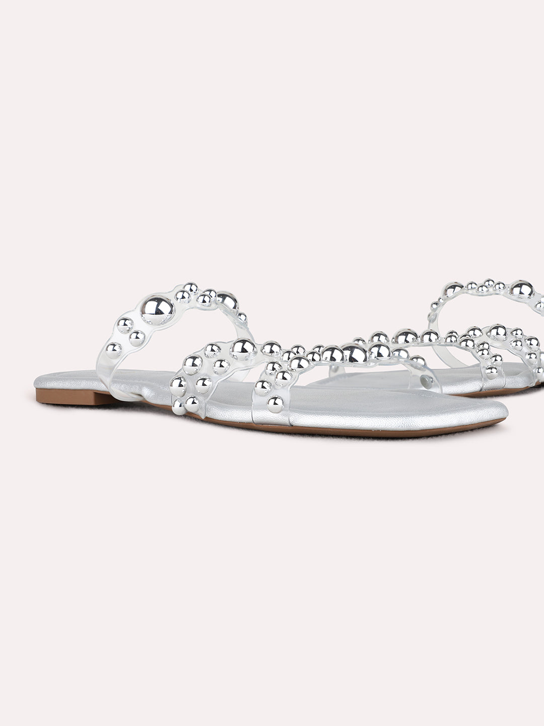 Womens Silver Party Wear Embellished Open Toe Flat Slip-Ons