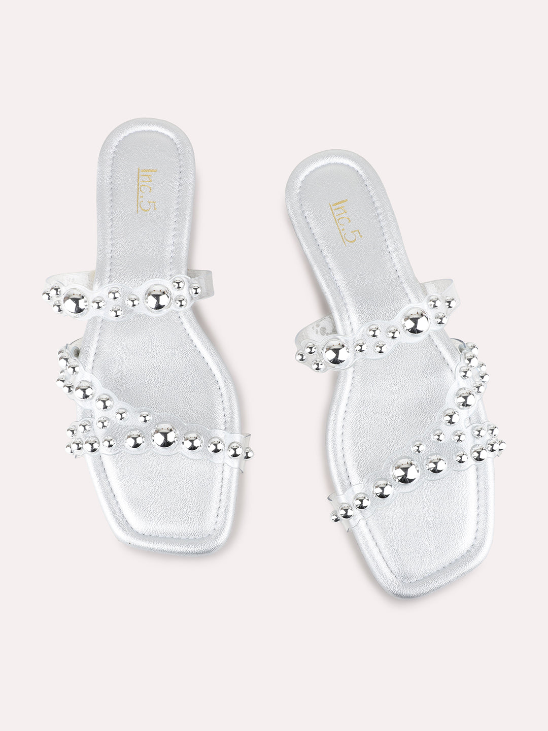Womens Silver Party Wear Embellished Open Toe Flats