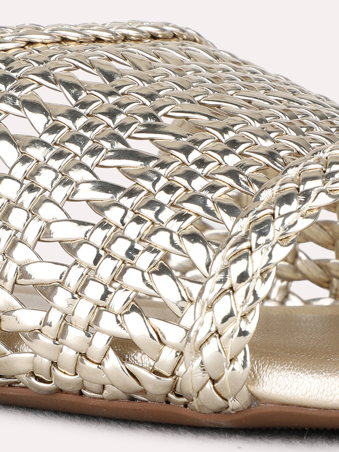 Womens Golden Party Wear Embellished Open Toe Flat Slip-Ons