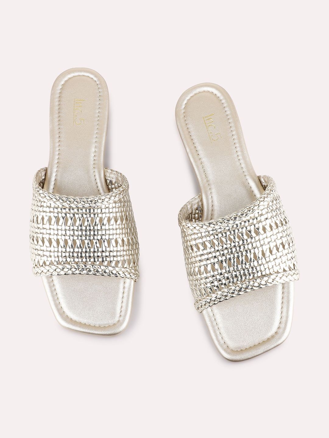 Womens Golden Party Wear Embellished Open Toe Flat Slip-Ons