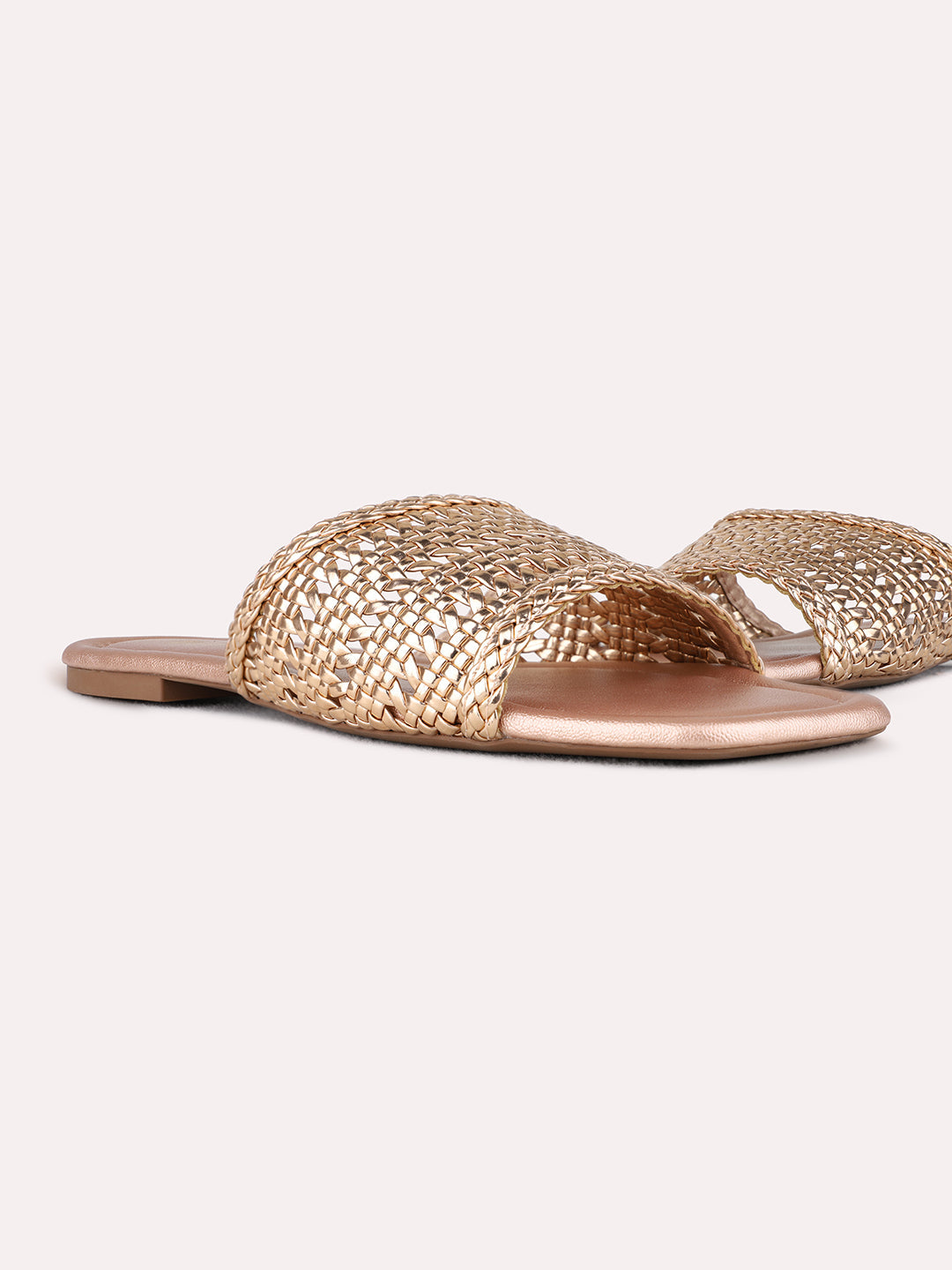 Womens Rose Gold Party Wear Embellished Open Toe Flat Slip-On Sandals