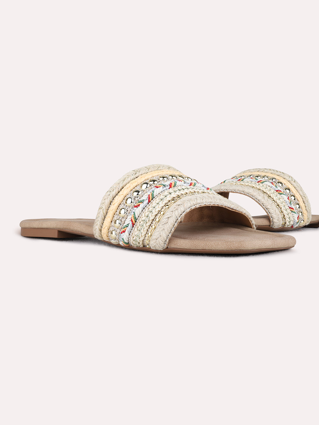 Womens Beige Party Wear Embellished Open Toe Flat Slip-On Sandals
