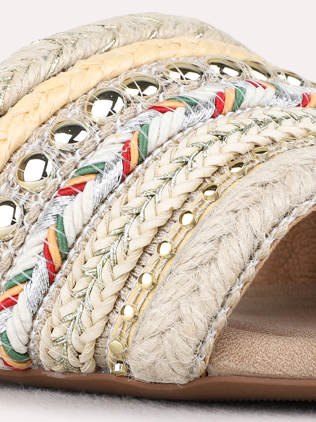 Womens Beige Party Wear Embellished Open Toe Flat Slip-On Sandals