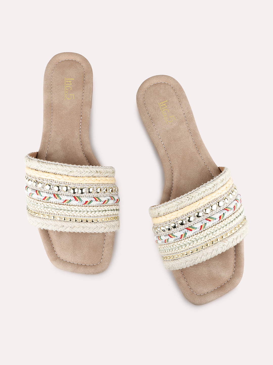 Womens Beige Party Wear Embellished Open Toe Flat Slip-On Sandals