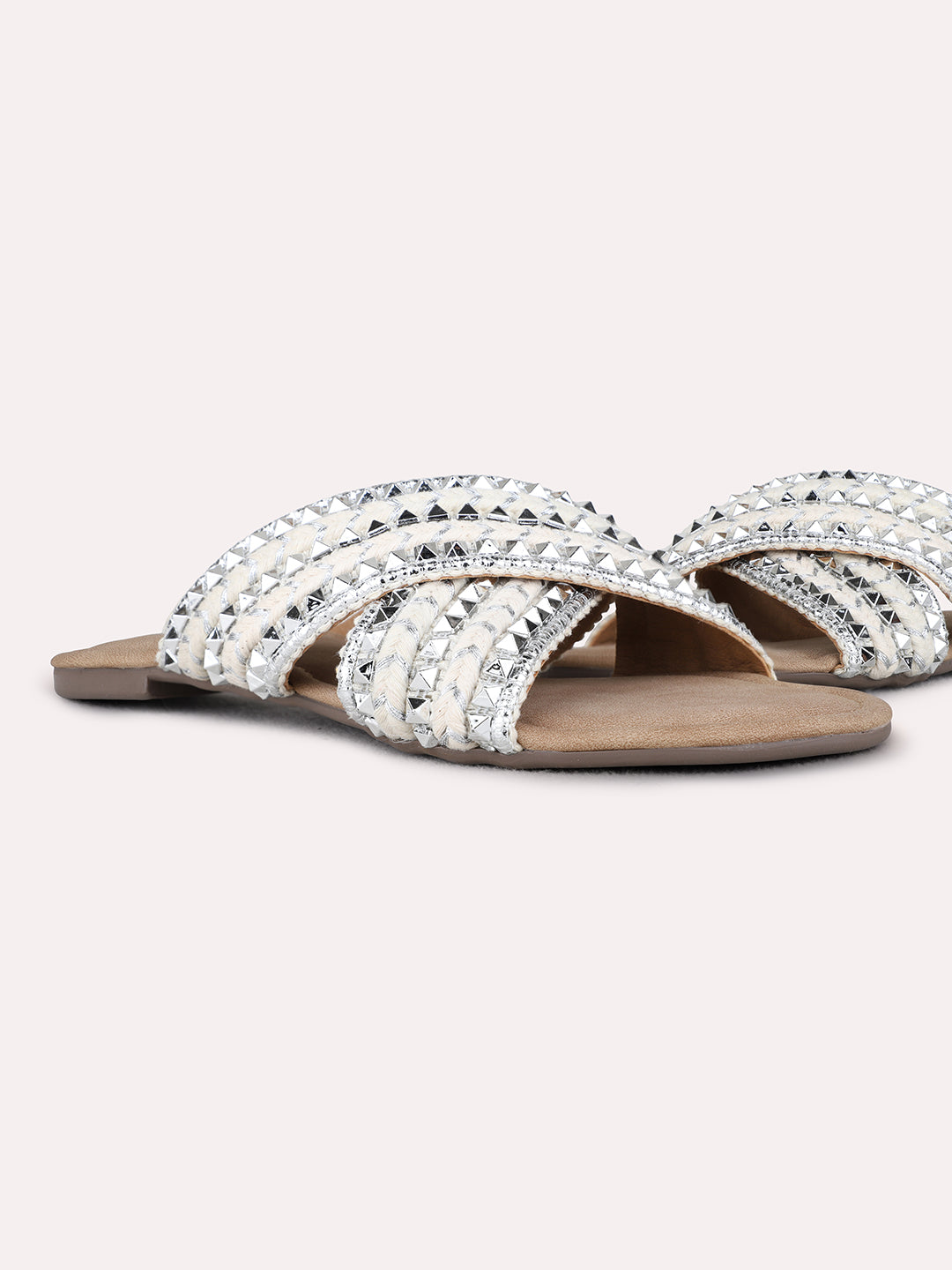 Womens Silver Party Wear Embellished Open Toe Flat Slip-On Sandals
