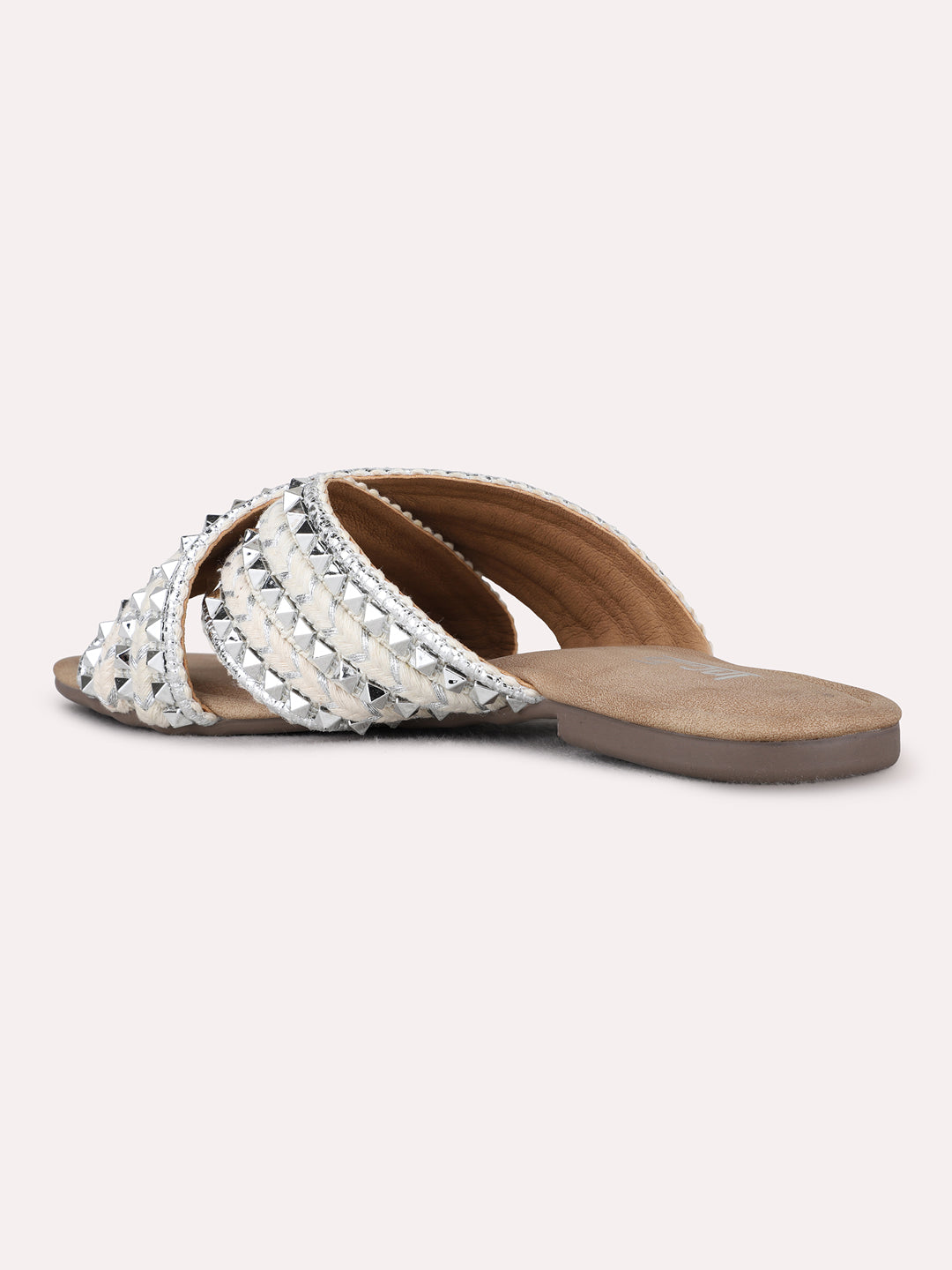 Womens Silver Party Wear Embellished Open Toe Flat Slip-On Sandals