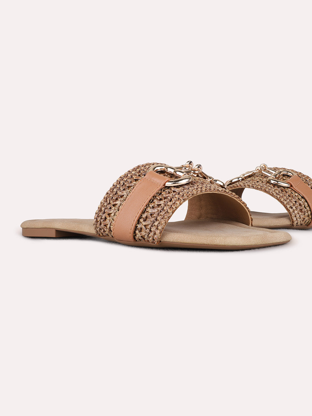 Womens Tan Party Wear Solid Open Toe Flat Slip-On Sandals