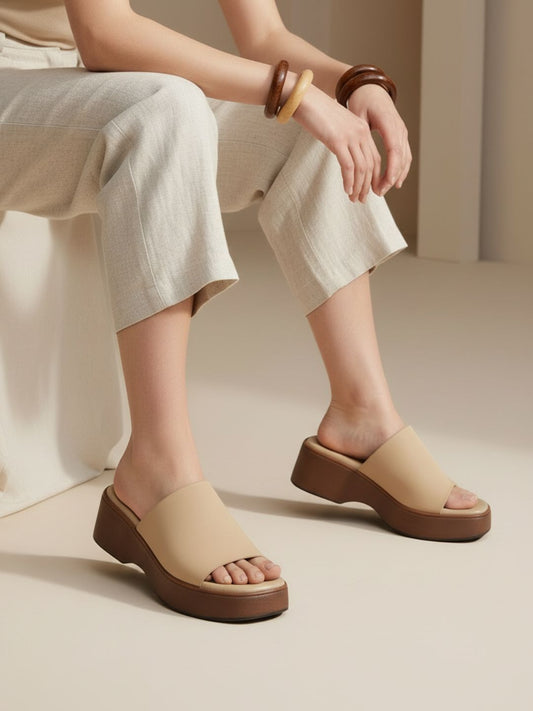 Womens Beige Party Wear Solid Round Toe Platform Heels