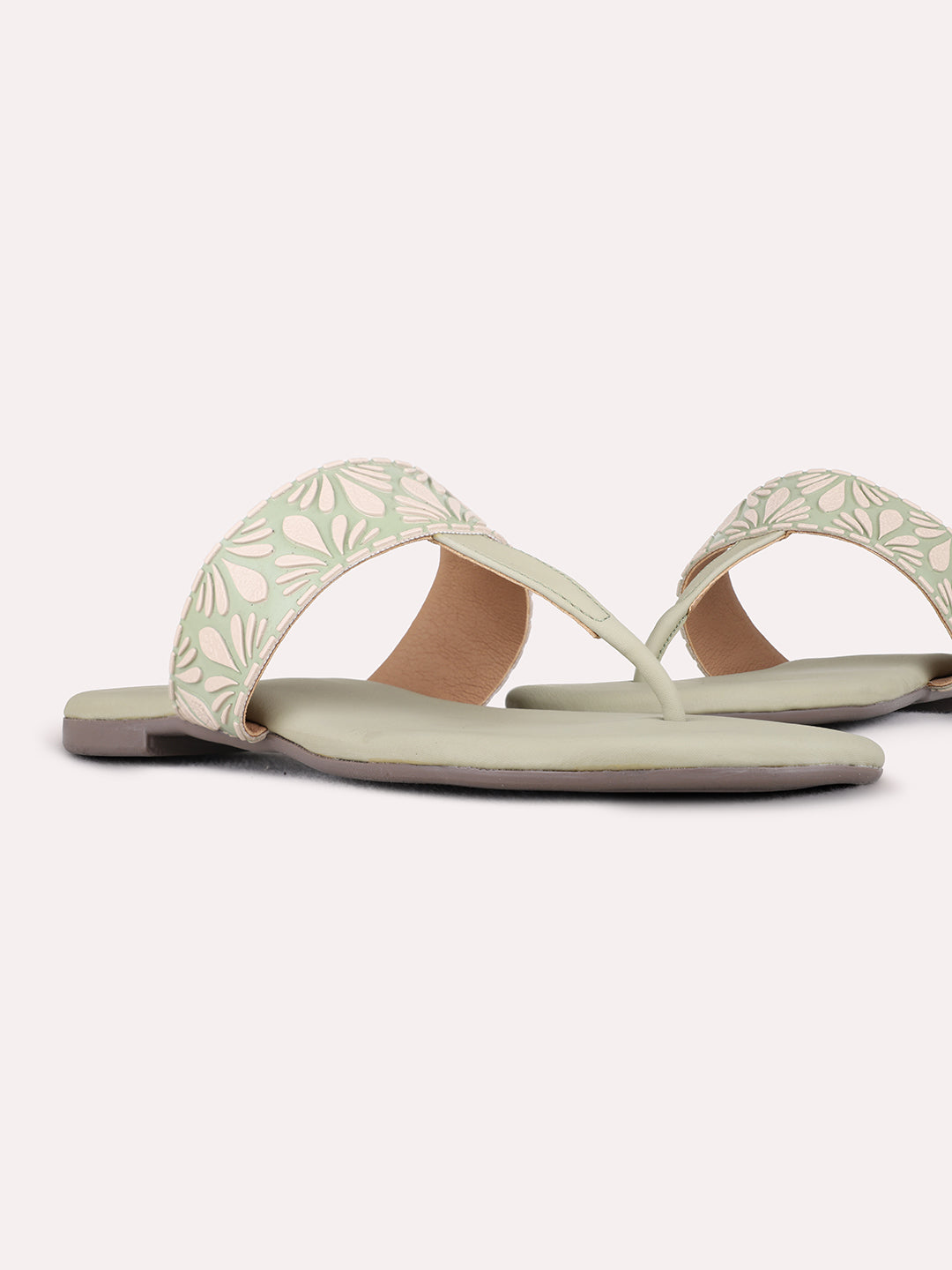 Womens Green Casual Printed T-Strap Flat Slip-Ons