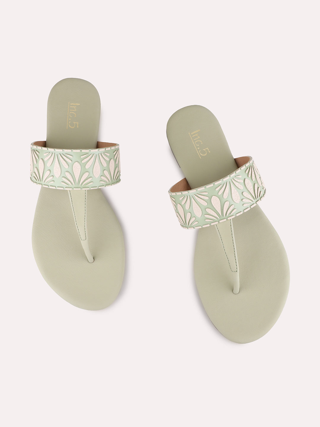 Womens Green Casual Printed T-Strap Flat Slip-Ons