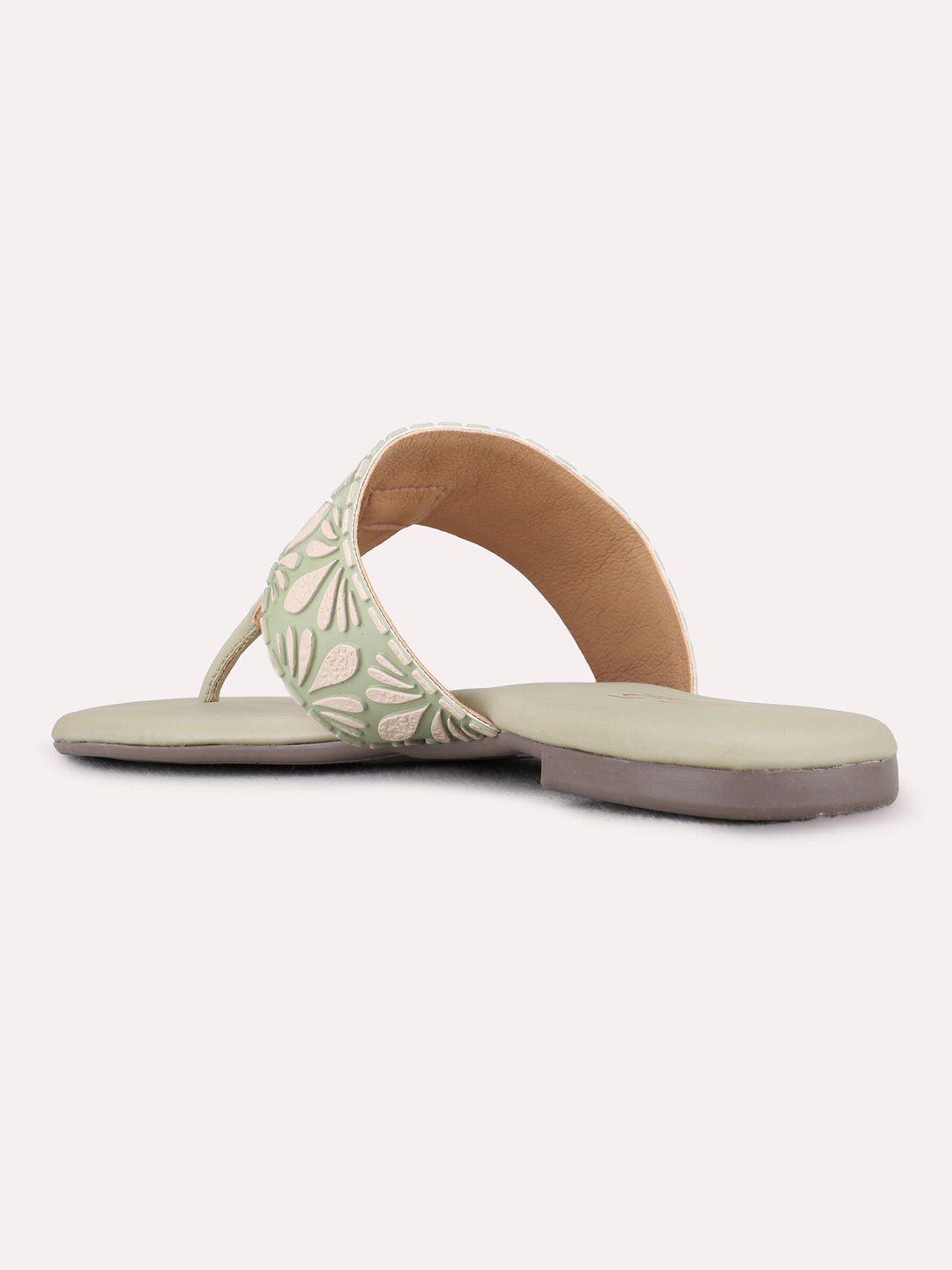 Womens Green Casual Printed T-Strap Flat Slip-Ons