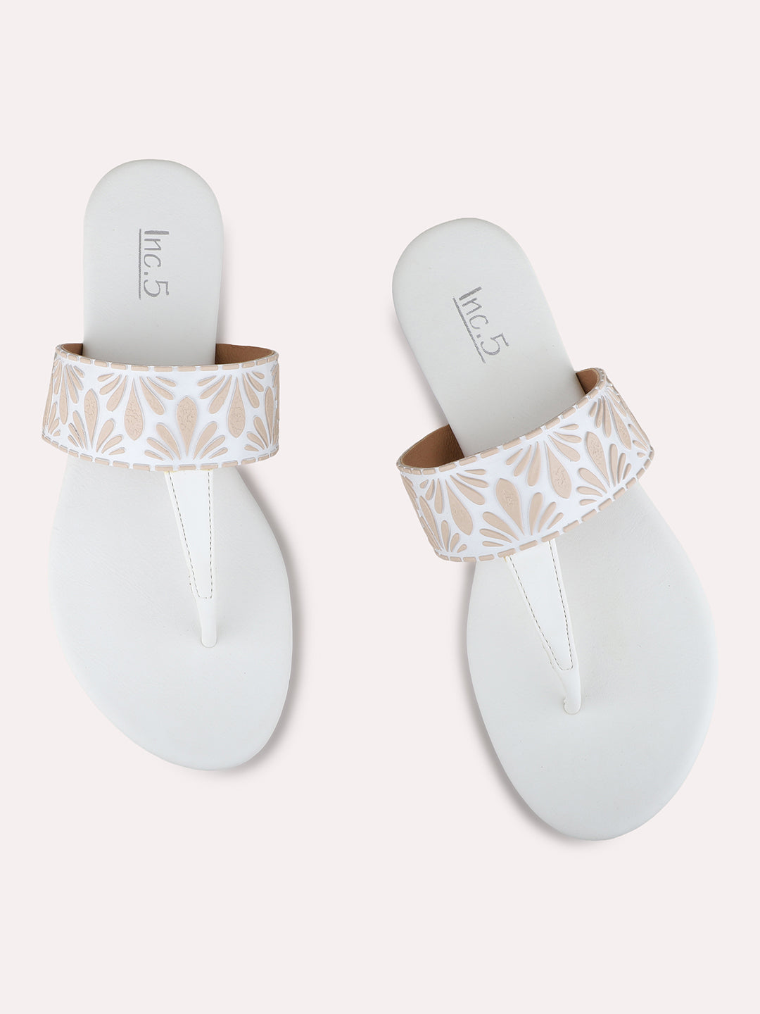 Womens White Casual Printed T-Strap Flat Slip-Ons