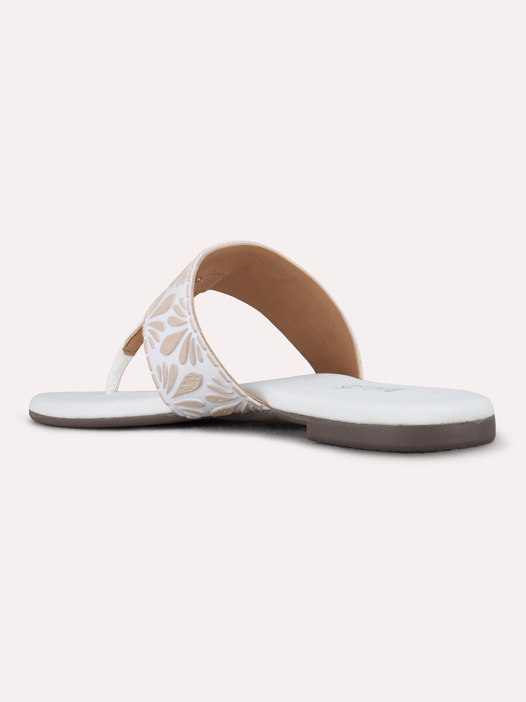 Womens White Casual Printed T-Strap Flat Slip-Ons
