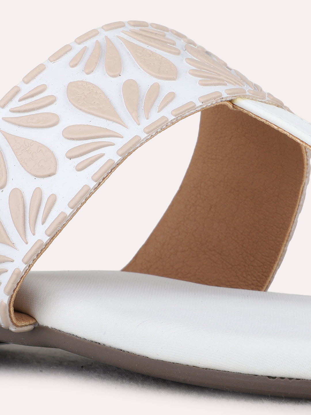 Womens White Casual Printed T-Strap Flat Slip-Ons
